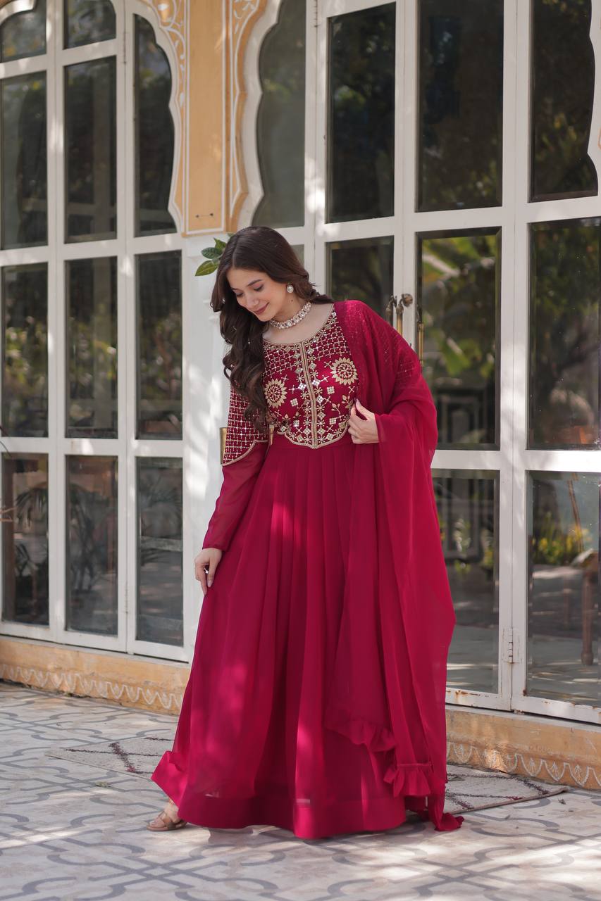 Maroon Faux Blooming Georgette With Attractive embroidered Work Gown - qivii