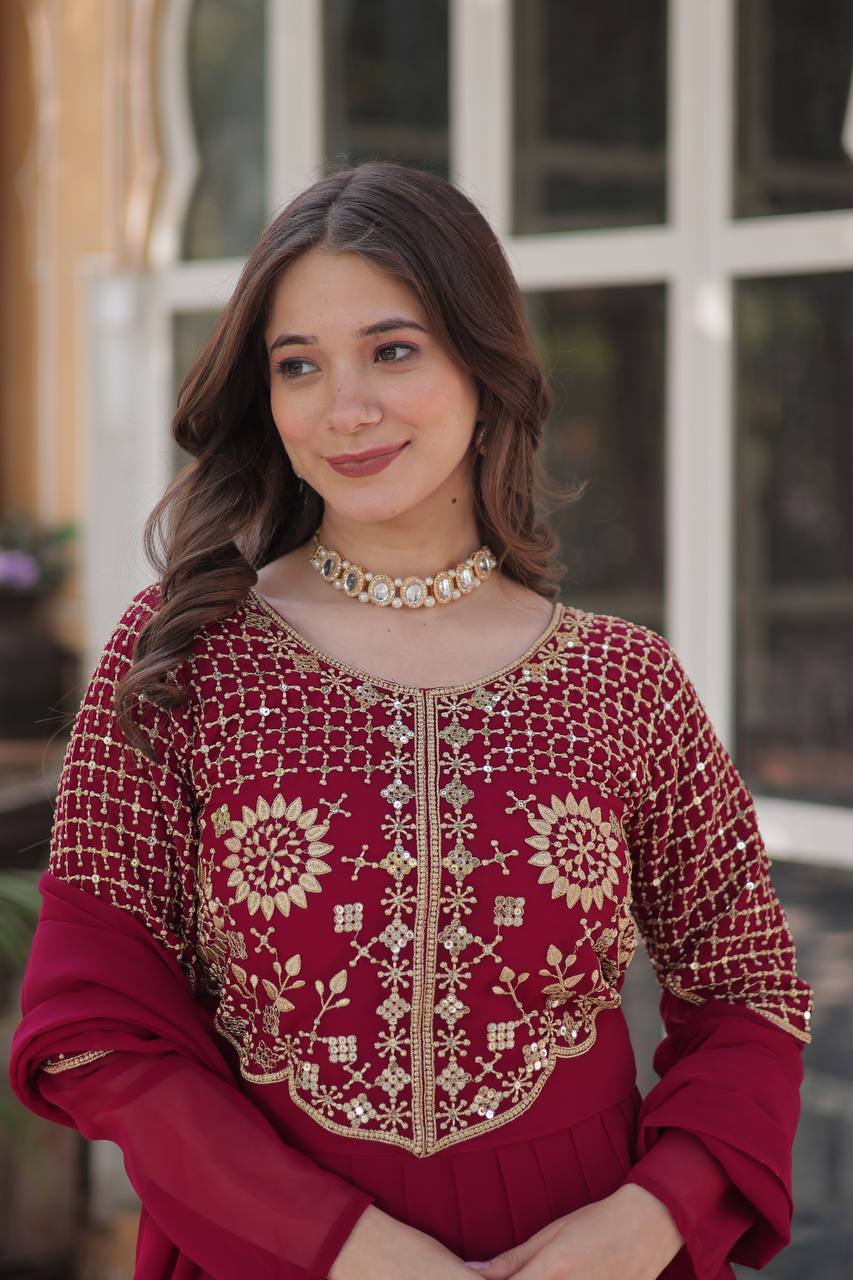 Maroon Faux Blooming Georgette With Attractive embroidered Work Gown - qivii