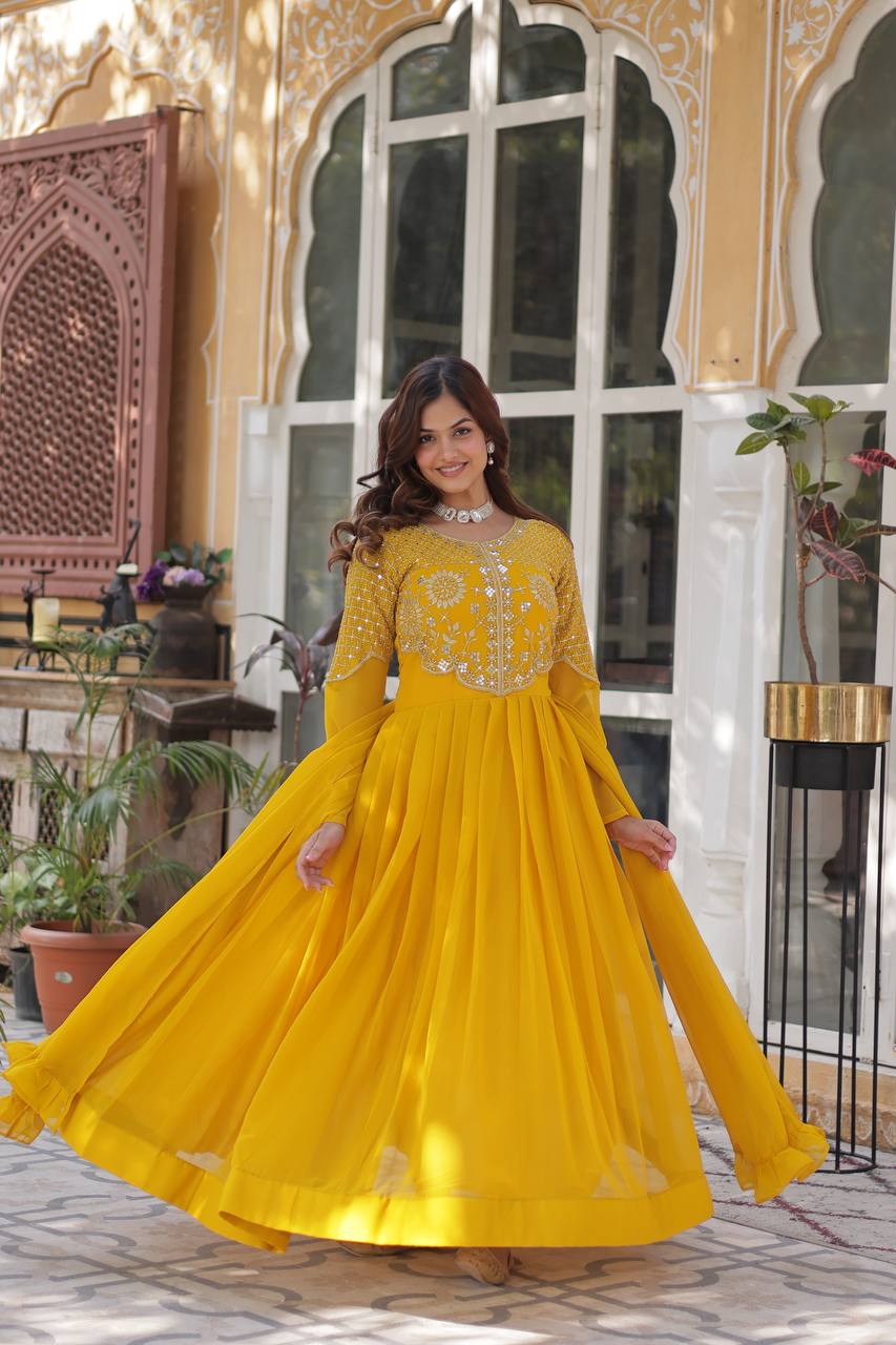 Yellow Faux Blooming Georgette With Attractive embroidered Work Gown - qivii