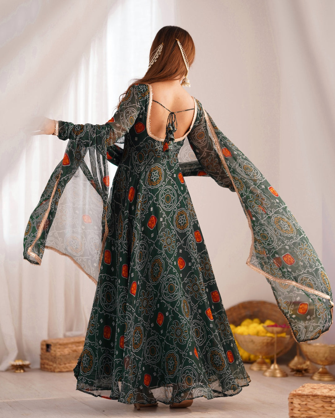 GREEN PURE SOFT LIGHTWEIGHT CHIFFON BANDHEJ FABRIC INNER MICRO COTTON ANARKALI SUIT - INSPIRED - qivii