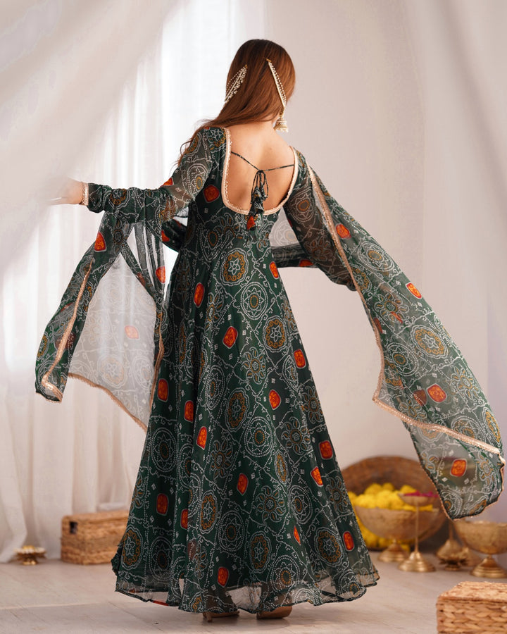 GREEN PURE SOFT LIGHTWEIGHT CHIFFON BANDHEJ FABRIC INNER MICRO COTTON ANARKALI SUIT - INSPIRED - qivii