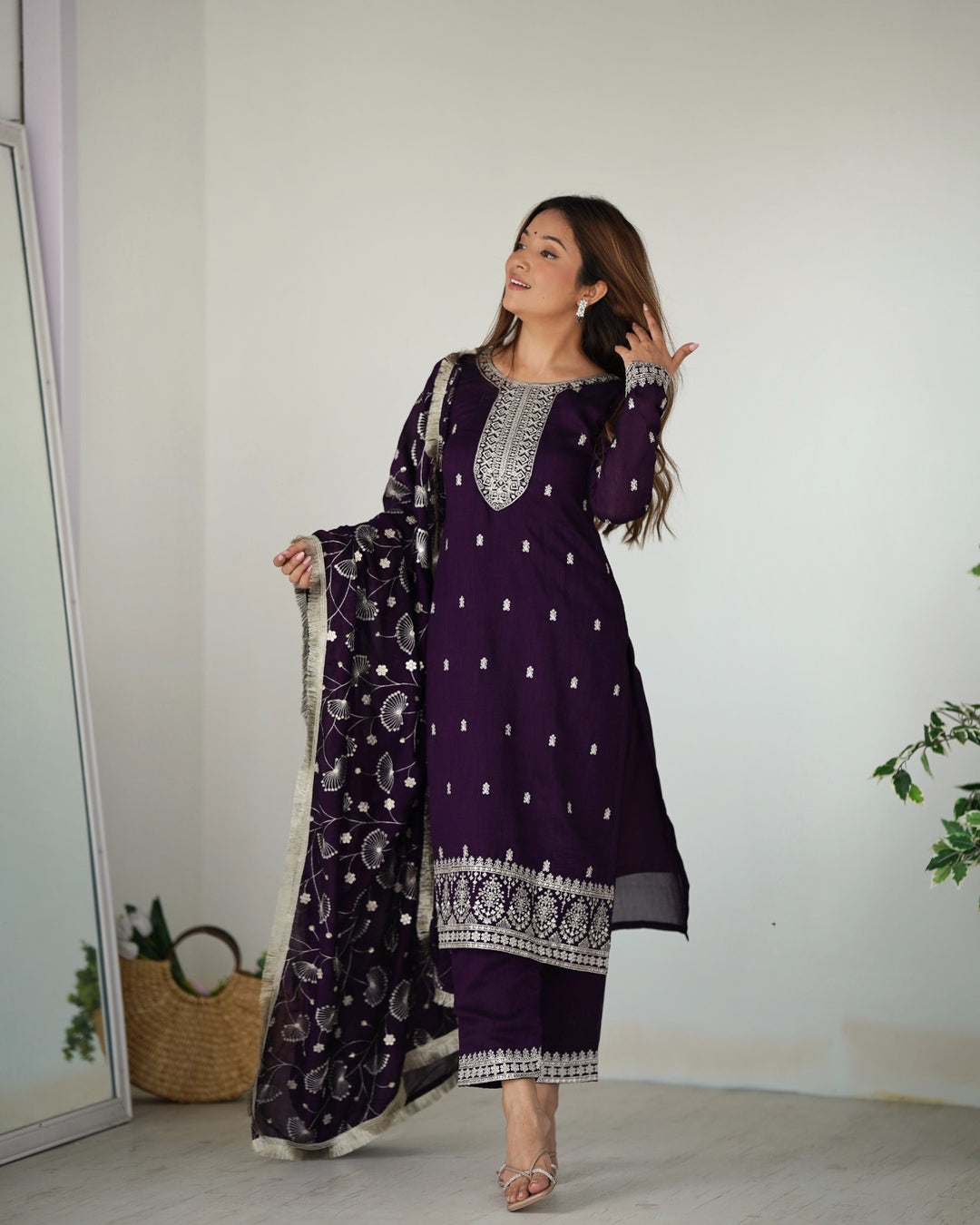 PURPLE  PURE BLOOMING RANGOLI SILK FABRIC WITH BEAUTIFUL EMBROIDERY SEQUENCE ANARKALI SUIT - INSPIRED - qivii