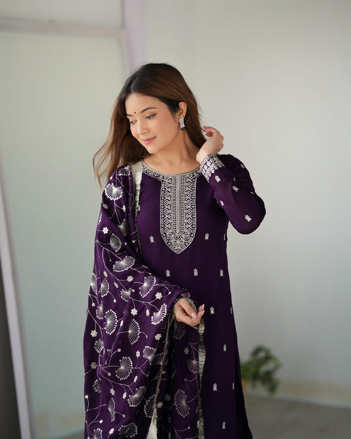 PURPLE  PURE BLOOMING RANGOLI SILK FABRIC WITH BEAUTIFUL EMBROIDERY SEQUENCE ANARKALI SUIT - INSPIRED - qivii