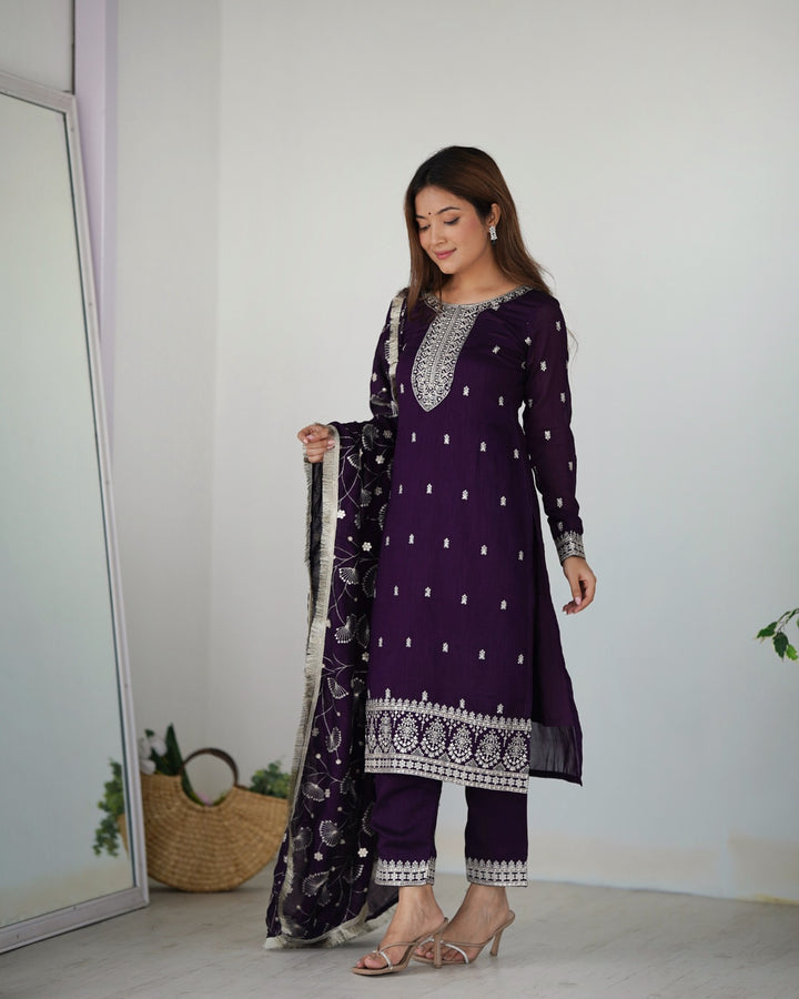 PURPLE  PURE BLOOMING RANGOLI SILK FABRIC WITH BEAUTIFUL EMBROIDERY SEQUENCE ANARKALI SUIT - INSPIRED - qivii