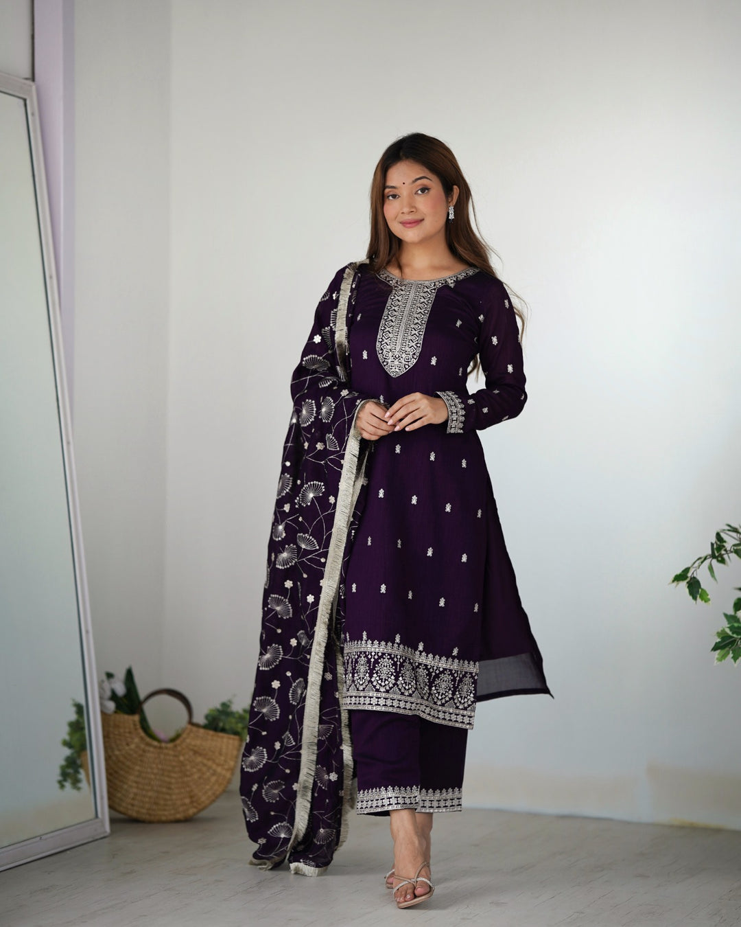 PURPLE  PURE BLOOMING RANGOLI SILK FABRIC WITH BEAUTIFUL EMBROIDERY SEQUENCE ANARKALI SUIT - INSPIRED - qivii