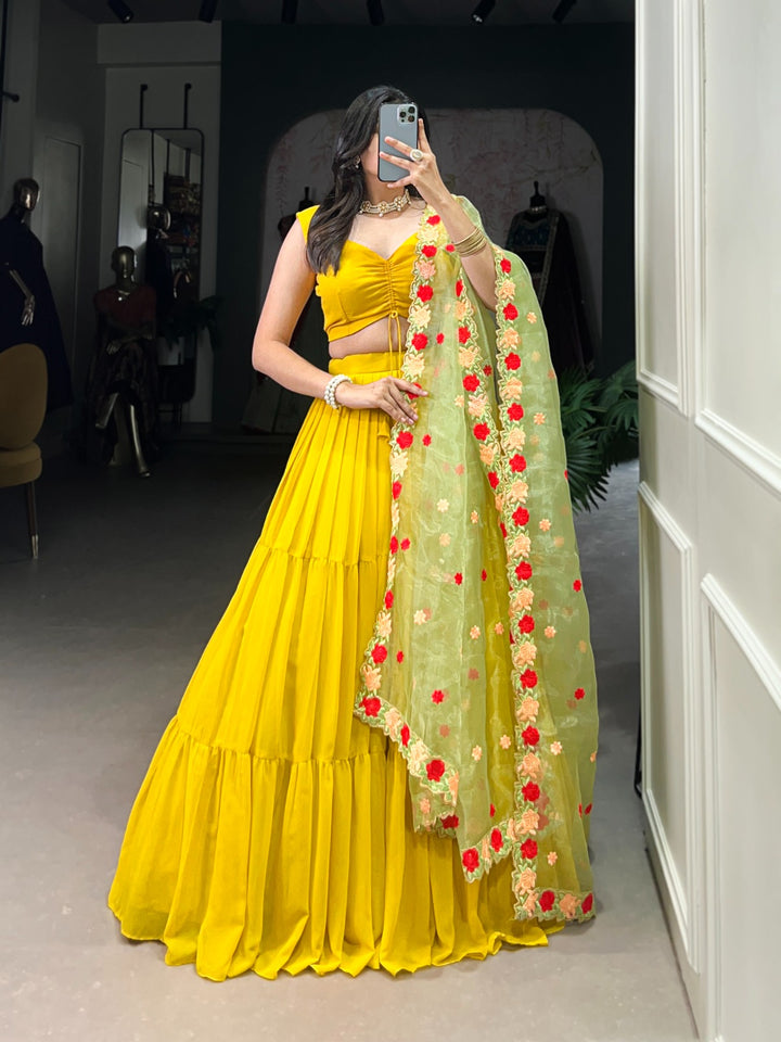 Yellow Georgette Plain Stitched With Canvas Lehenga Choli | Ready To Wear - qivii