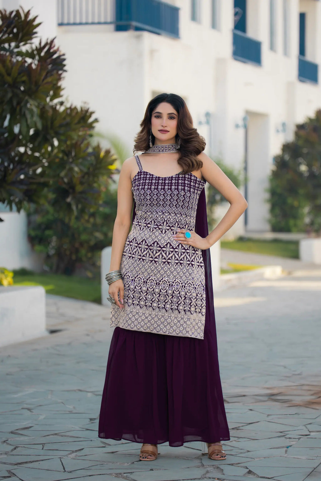 Wine Georgette Sequence Embroidery Work Salwar Suit