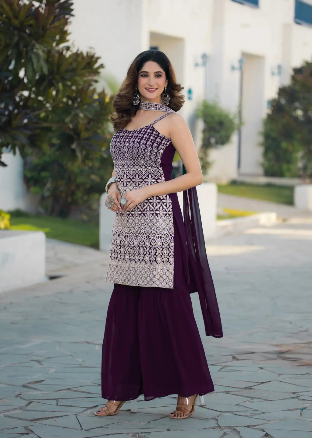 Wine Georgette Sequence Embroidery Work Salwar Suit