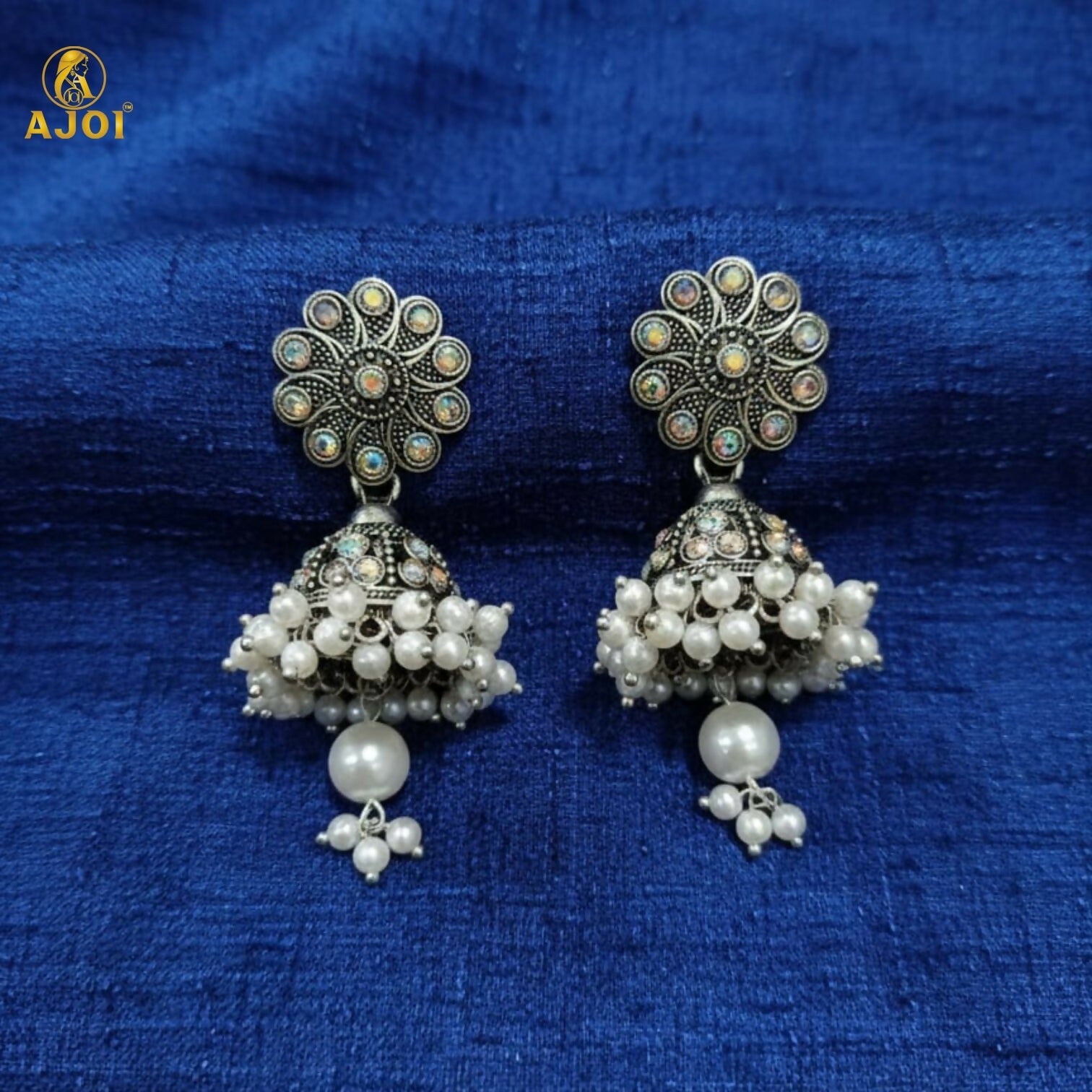Traditional Indian Oxidised Silver Round Jhumka Earrings with Pearl Drops