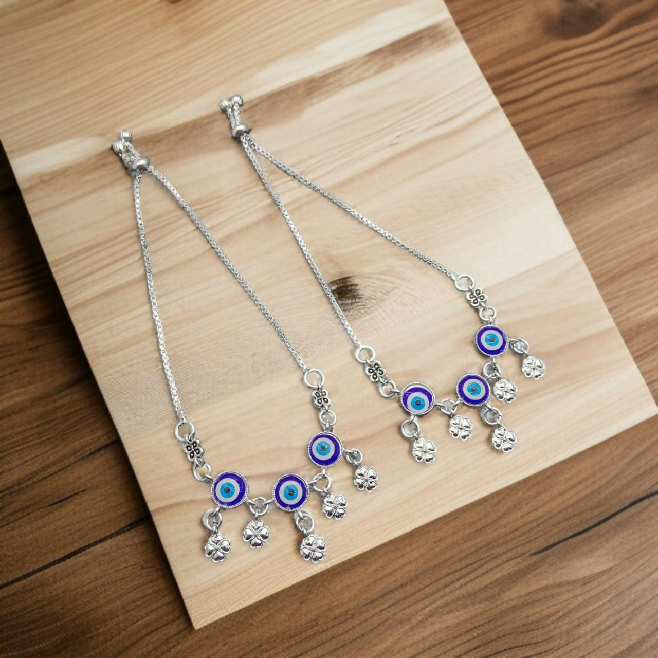 Evil Eye & Four-Leaf Clover Charm Adjustable Silver Anklets