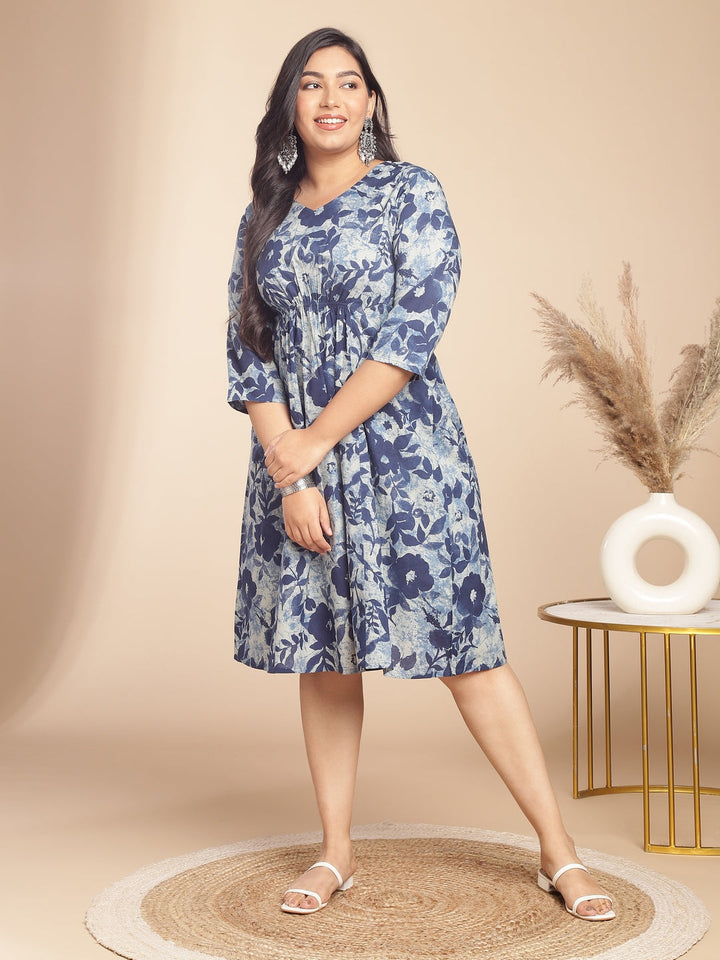 Plus Size Indigo Cotton Floral Gathered Dress - qivii