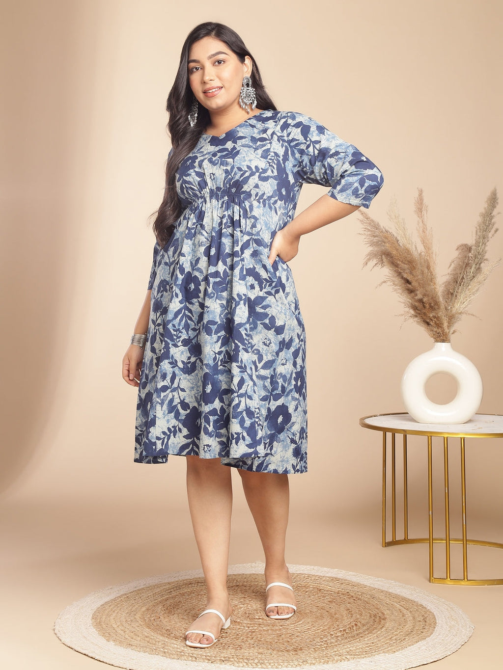 Plus Size Indigo Cotton Floral Gathered Dress