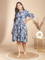 Plus Size Indigo Cotton Floral Gathered Dress
