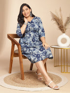Plus Size Indigo Cotton Floral Gathered Dress