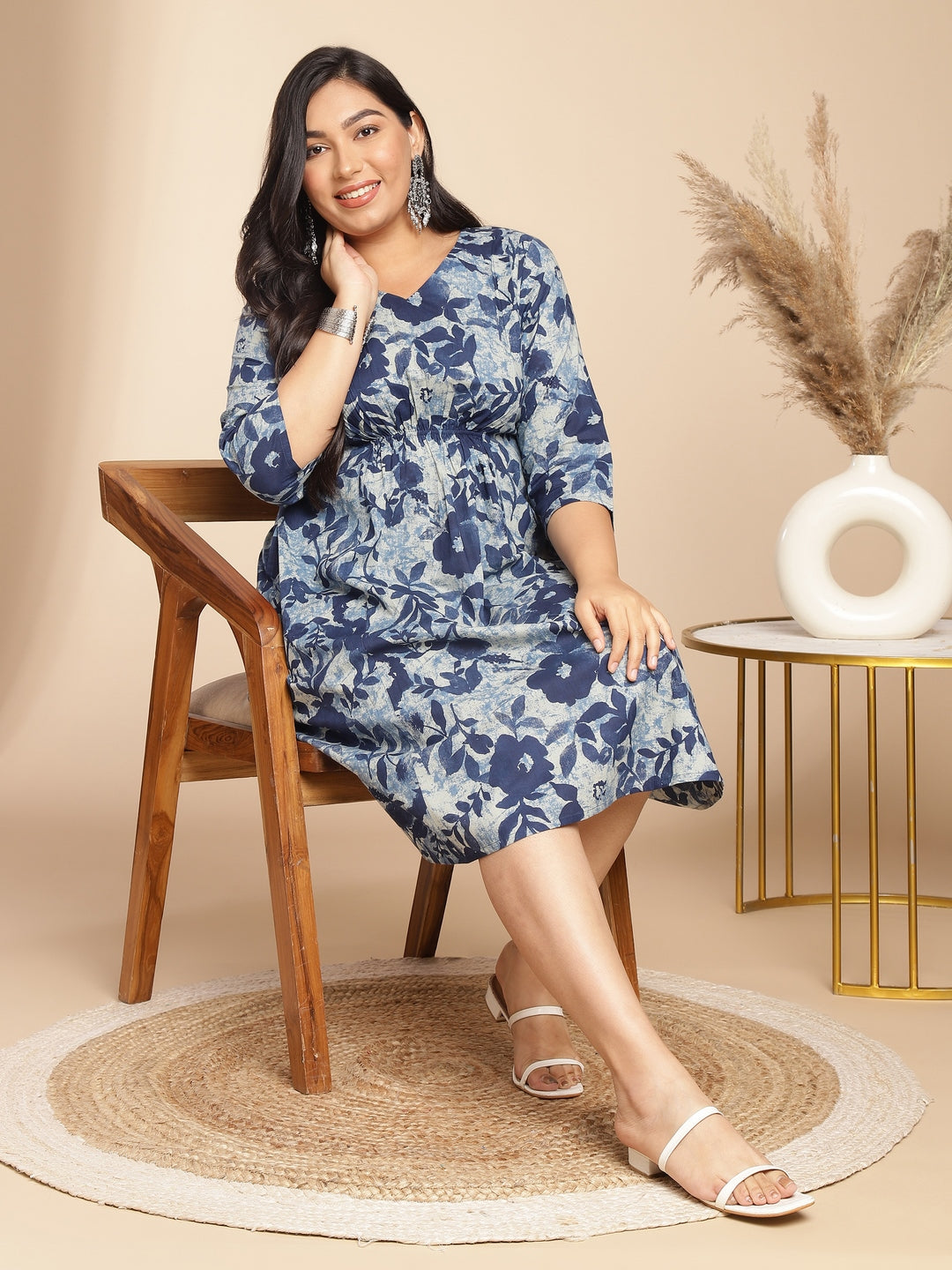 Plus Size Indigo Cotton Floral Gathered Dress