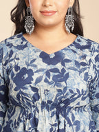 Plus Size Indigo Cotton Floral Gathered Dress