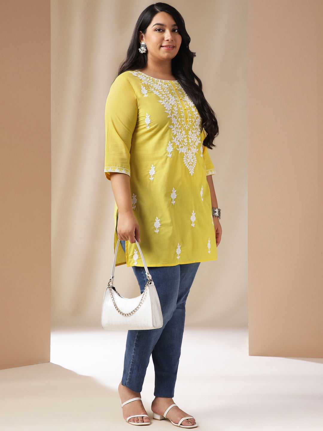 Plus Size Yellow Cotton Chikankari Regular Tunic - qivii