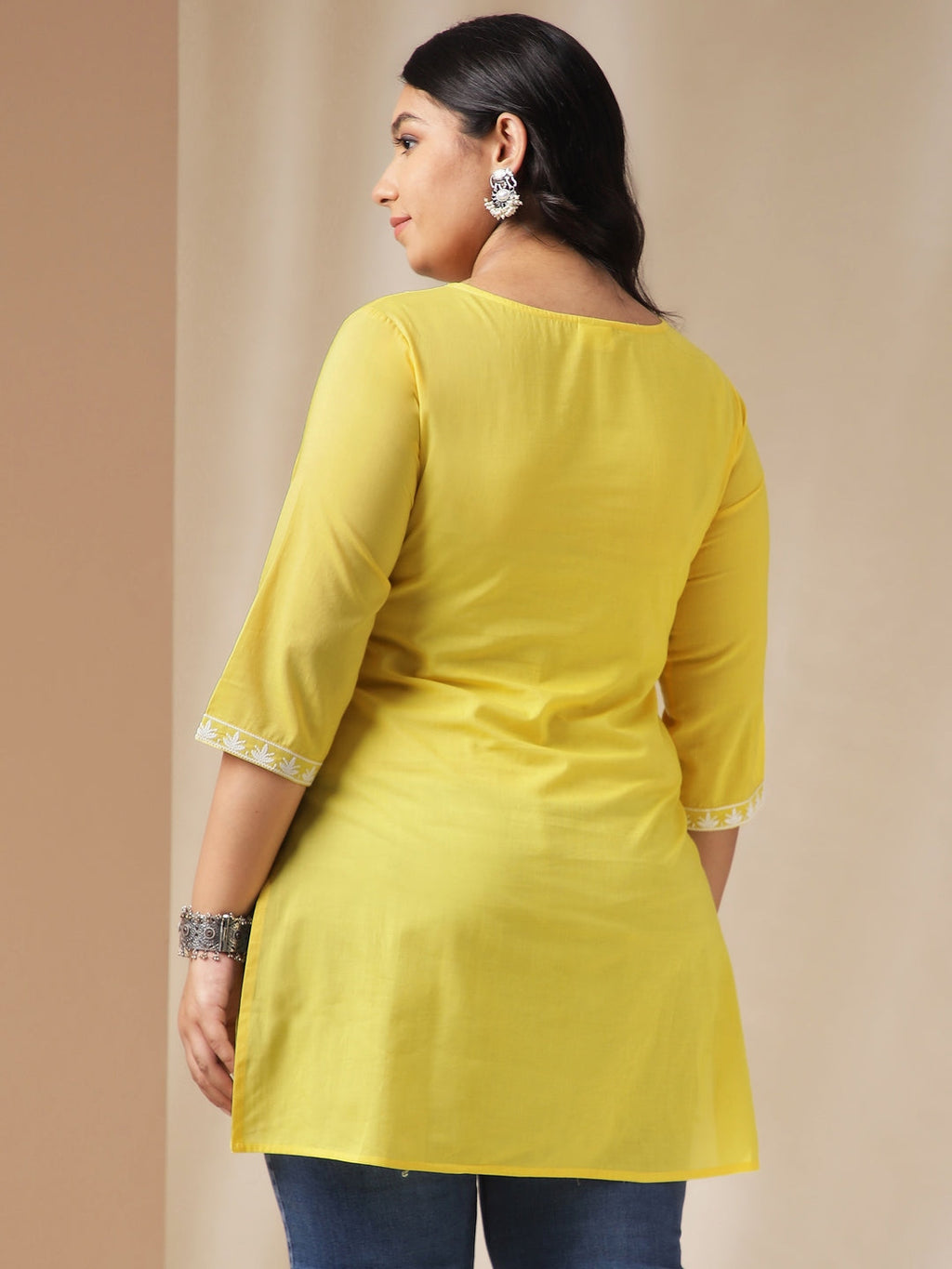 Plus Size Yellow Cotton Chikankari Regular Tunic