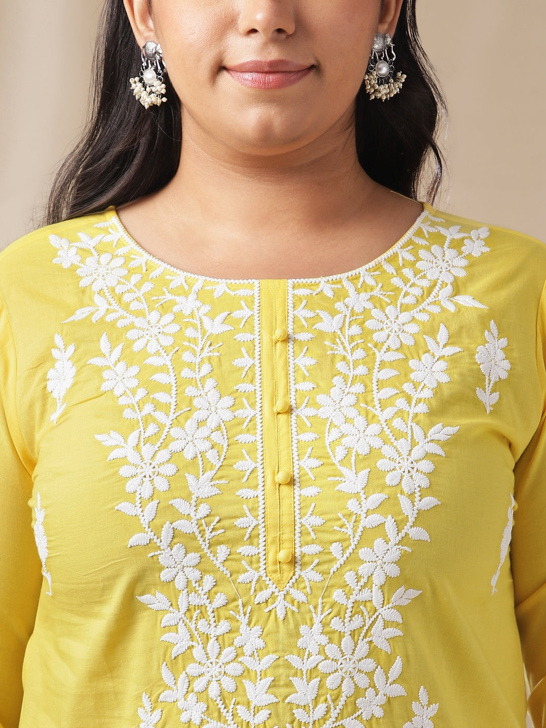 Plus Size Yellow Cotton Chikankari Regular Tunic - qivii