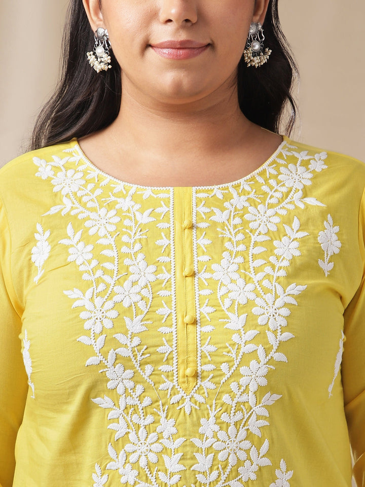 Plus Size Yellow Cotton Chikankari Regular Tunic - qivii