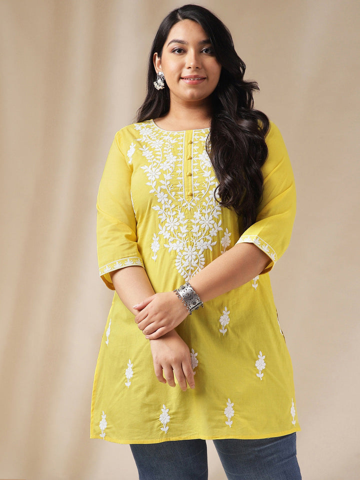 Plus Size Yellow Cotton Chikankari Regular Tunic - qivii