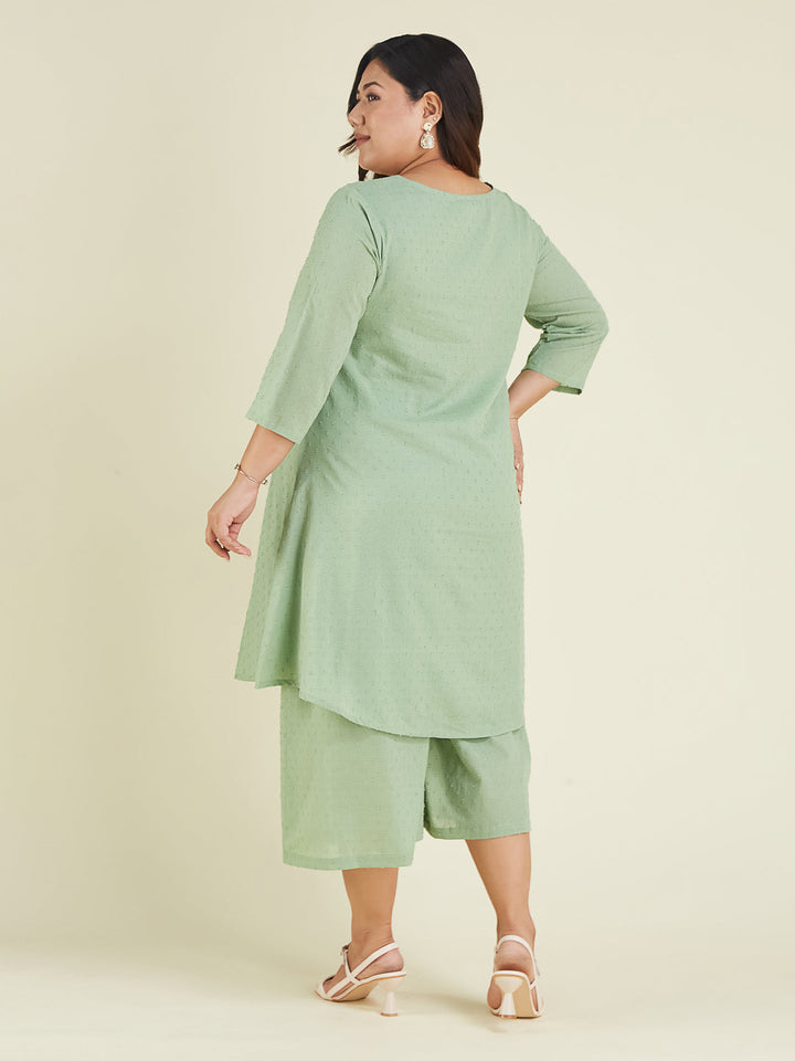 Janasya Women's Plus Size Green Dobby Pure Cotton Solid A-line Kurta Set - qivii