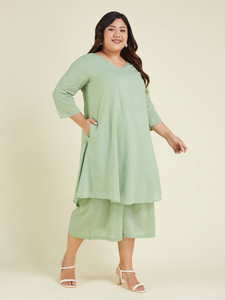 Janasya Women's Plus Size Green Dobby Pure Cotton Solid A-line Kurta Set - qivii