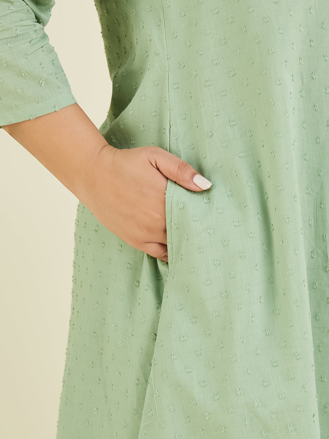 Janasya Women's Plus Size Green Dobby Pure Cotton Solid A-line Kurta Set