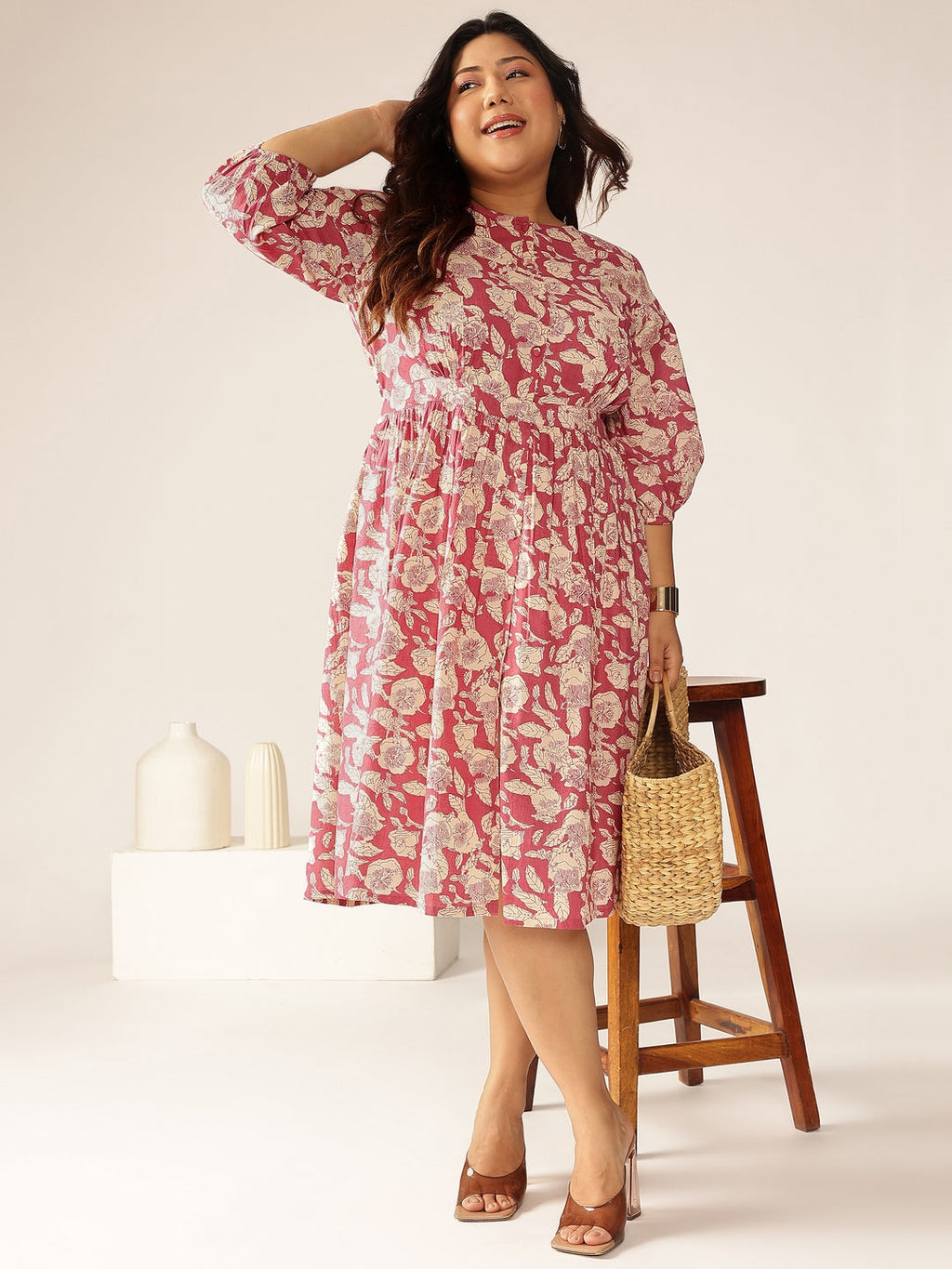 Plus Size Mauve Pure Cotton Floral Printed Gathered Dress