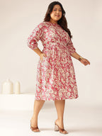 Plus Size Mauve Pure Cotton Floral Printed Gathered Dress