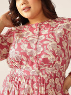Plus Size Mauve Pure Cotton Floral Printed Gathered Dress