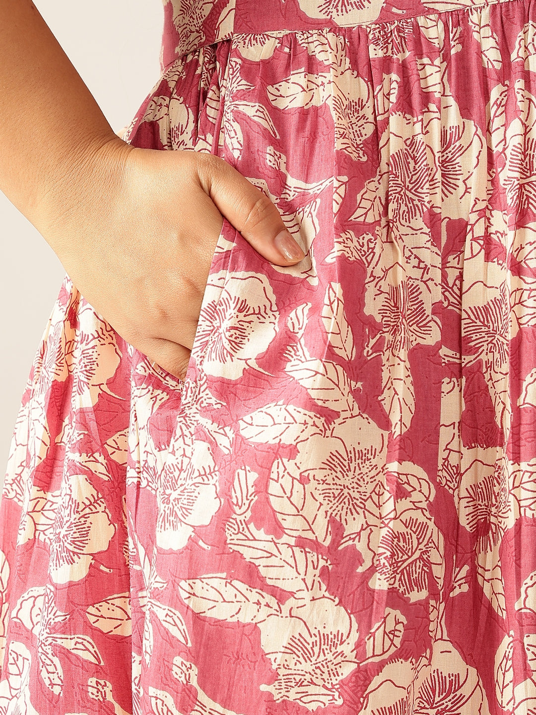 Plus Size Mauve Pure Cotton Floral Printed Gathered Dress