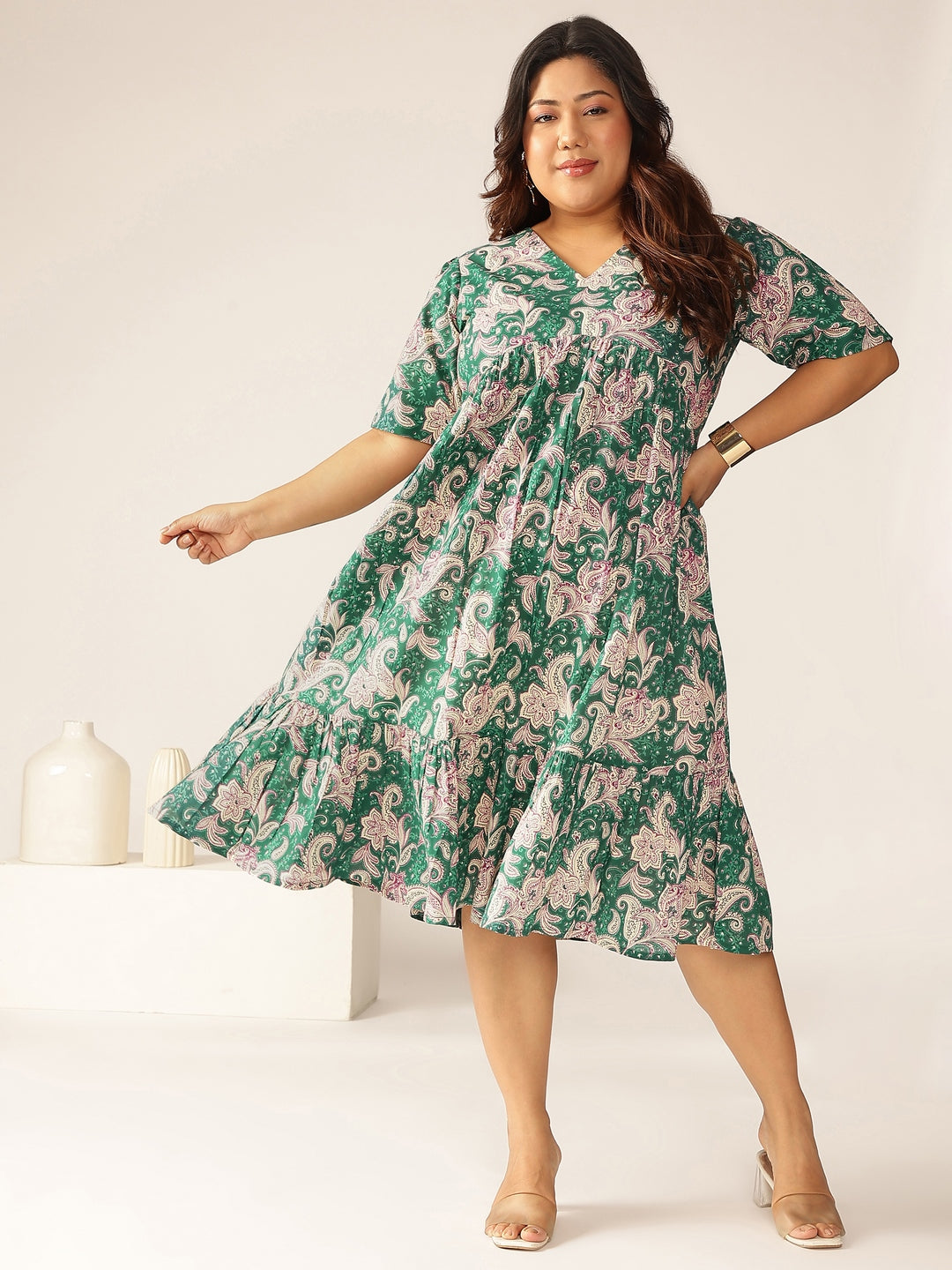 Plus Size Green Pure Cotton Floral Printed Tiered Dress