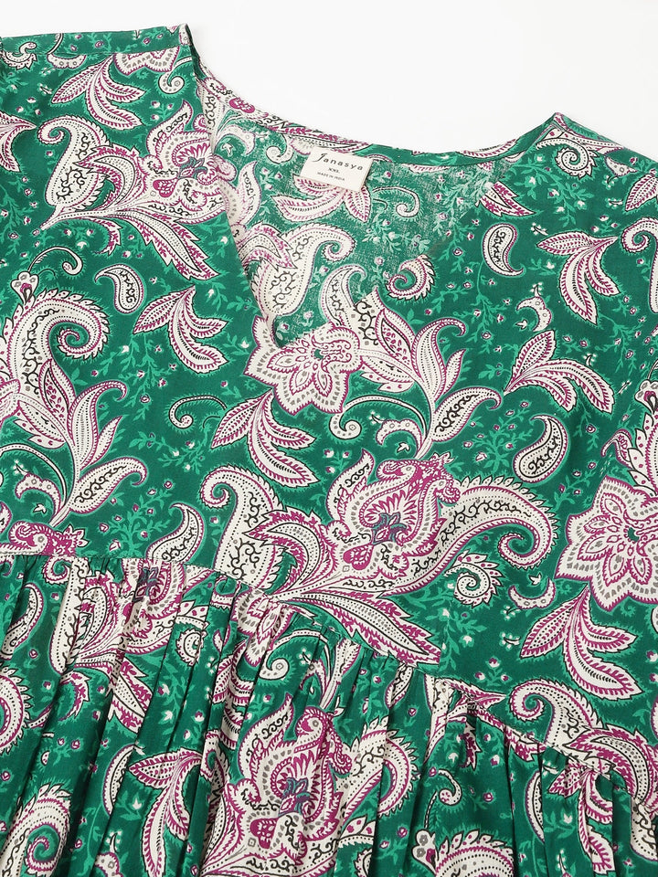 Plus Size Green Pure Cotton Floral Printed Tiered Dress - qivii