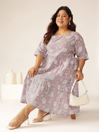 Plus Size Lavender Pure Cotton Floral Printed Tiered Dress
