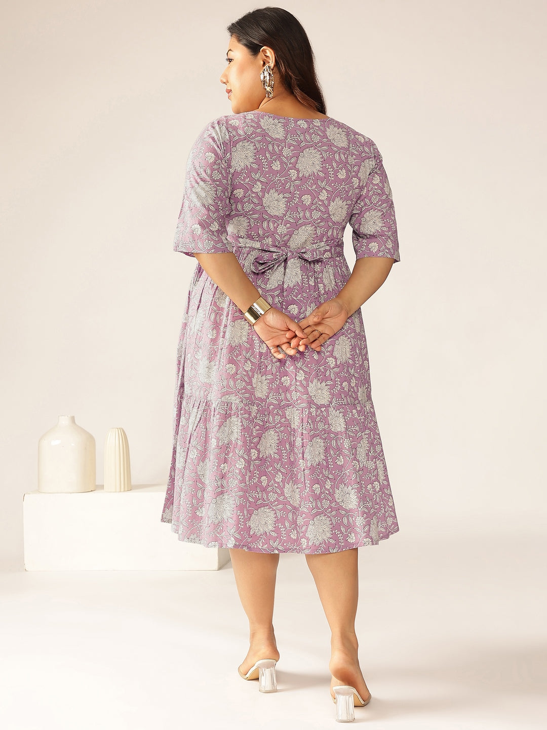 Plus Size Lavender Pure Cotton Floral Printed Tiered Dress - qivii