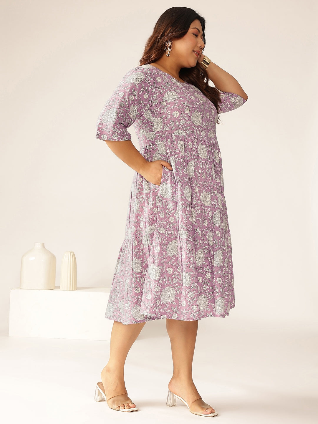 Plus Size Lavender Pure Cotton Floral Printed Tiered Dress