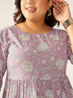 Plus Size Lavender Pure Cotton Floral Printed Tiered Dress