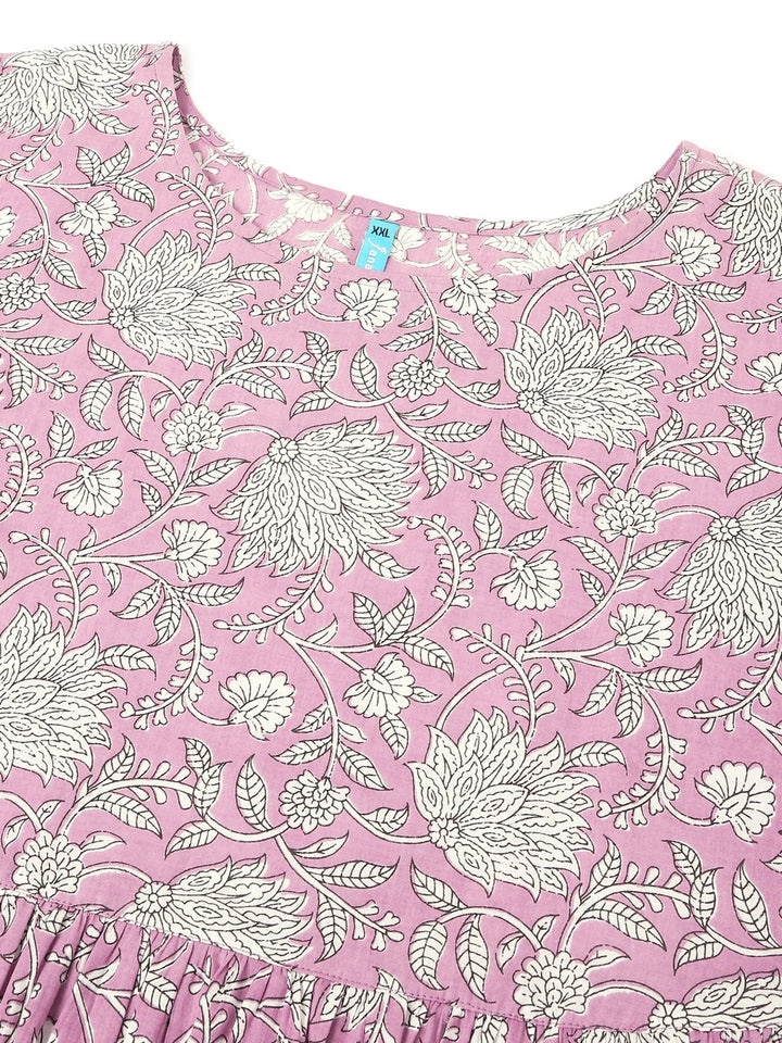 Plus Size Lavender Pure Cotton Floral Printed Tiered Dress - qivii