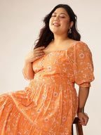 Plus Size Orange Georgette Floral Printed Tiered Dress
