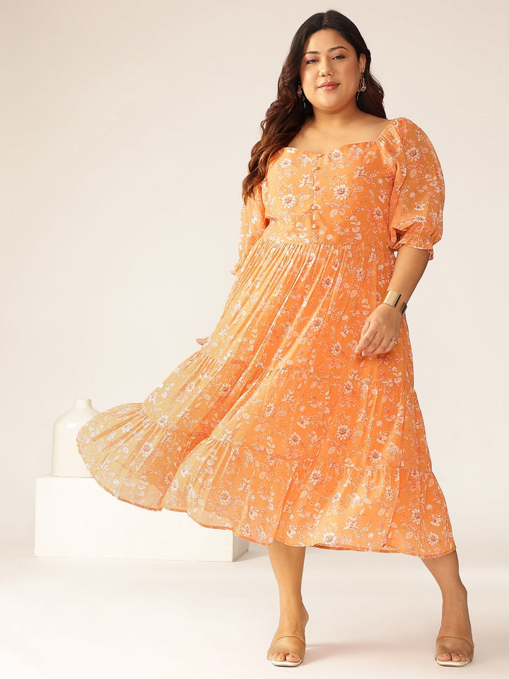 Plus Size Orange Georgette Floral Printed Tiered Dress - qivii