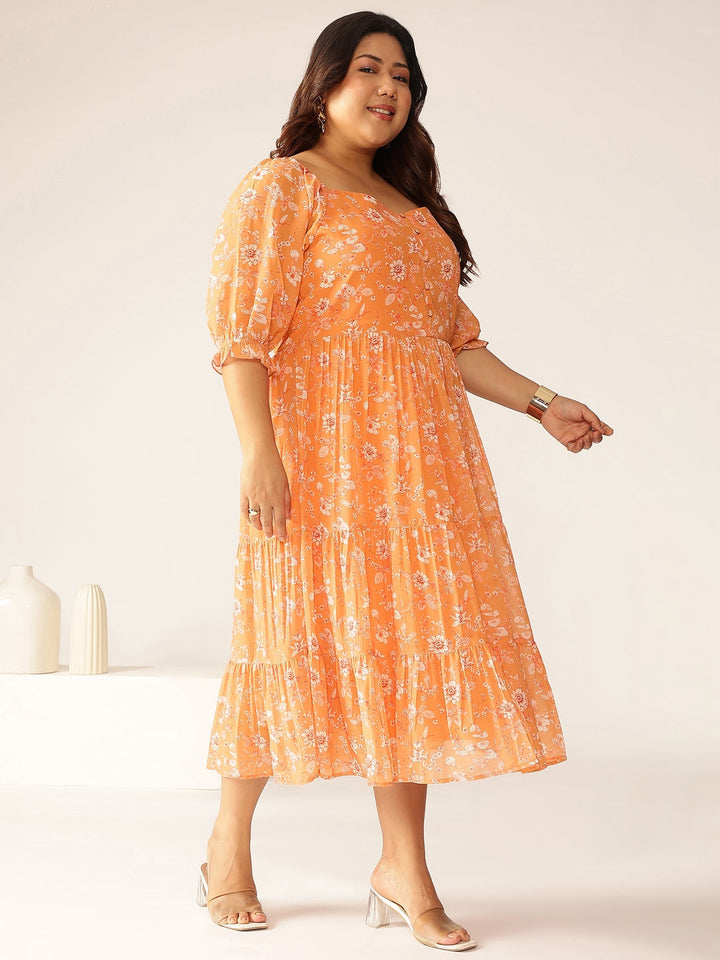 Plus Size Orange Georgette Floral Printed Tiered Dress - qivii