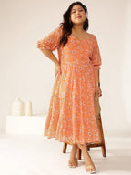 Plus Size Orange Georgette Floral Printed Tiered Dress