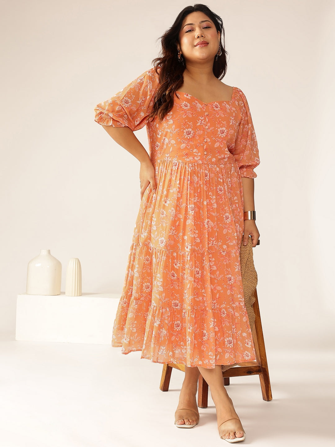 Plus Size Orange Georgette Floral Printed Tiered Dress