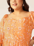 Plus Size Orange Georgette Floral Printed Tiered Dress