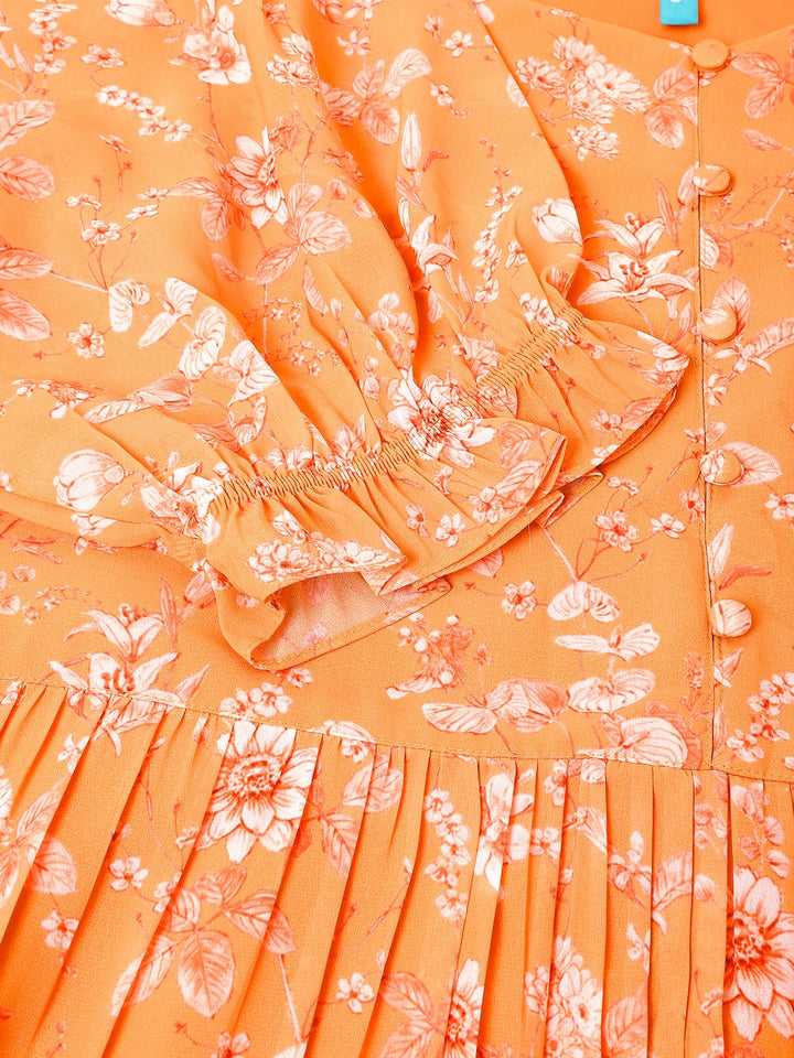 Plus Size Orange Georgette Floral Printed Tiered Dress - qivii