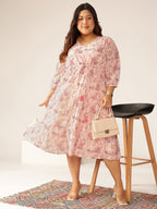 Plus Size Pink Georgette Floral Printed Tiered Dress