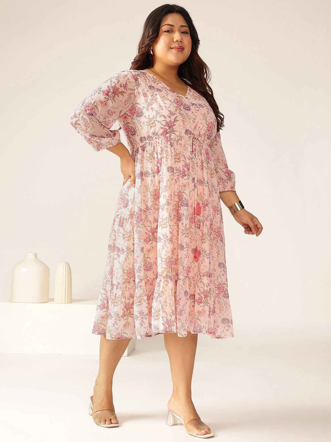 Plus Size Pink Georgette Floral Printed Tiered Dress - qivii