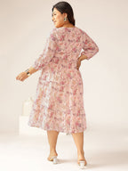 Plus Size Pink Georgette Floral Printed Tiered Dress