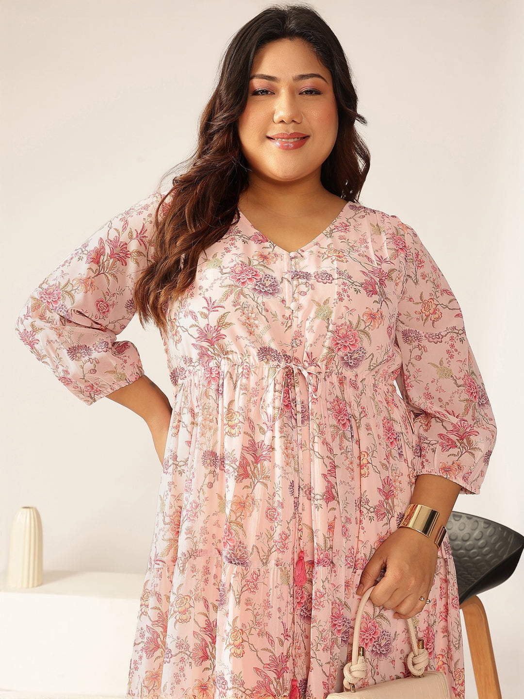 Plus Size Pink Georgette Floral Printed Tiered Dress - qivii
